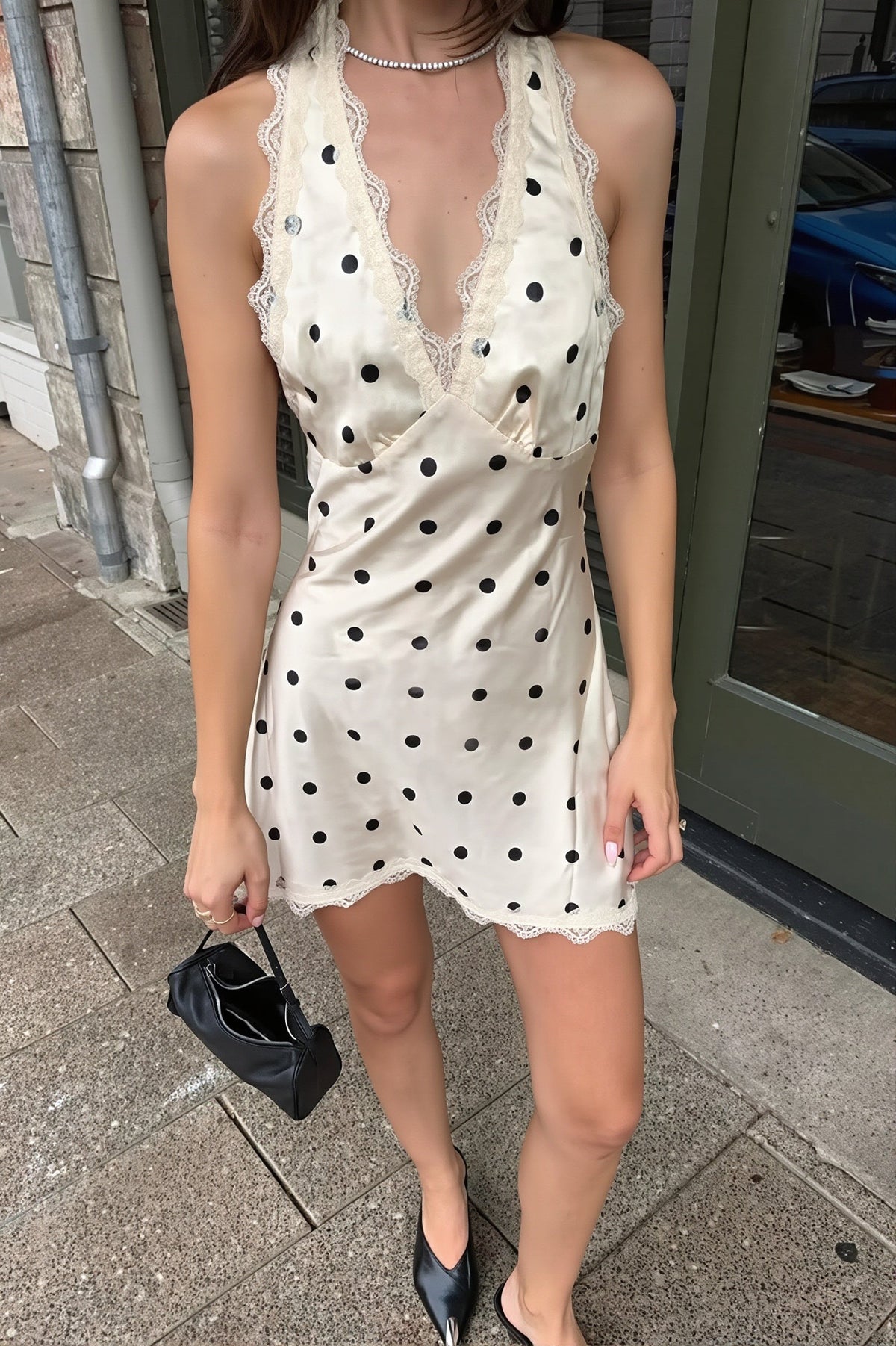 Polka Dot Lace Trim Halter Neck Mini Slip Dress