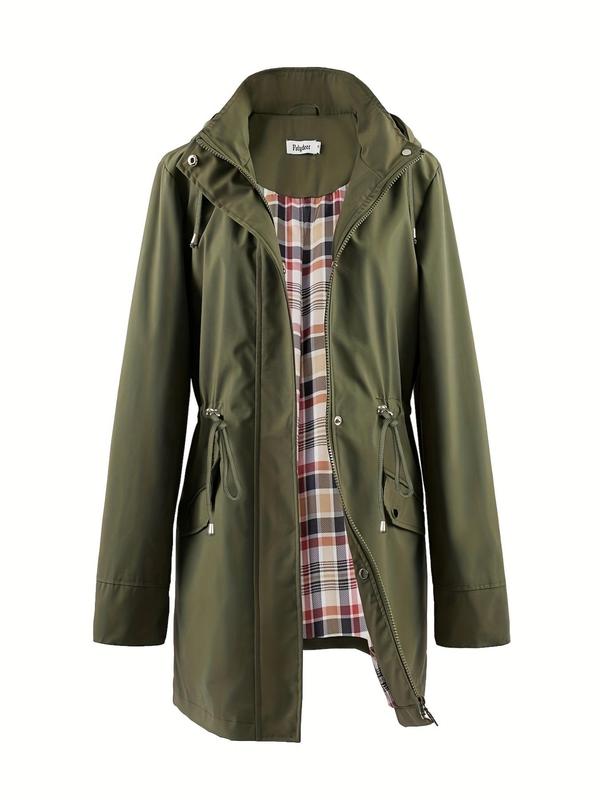 Hooded Zip Front Drawstring Waist Rain Coat 3
