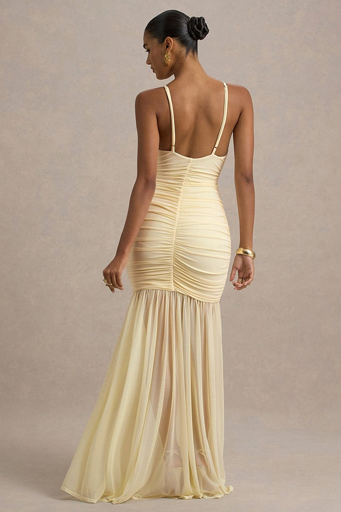 Satin Spaghetti Strap Plunge Ruched Maxi Dress - View 4