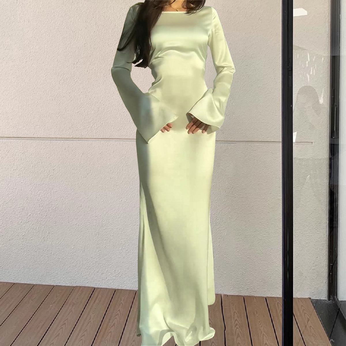 Satin Scoop Neck Bell Sleeve Ruched Waist Mermaid Maxi Dress - View 10