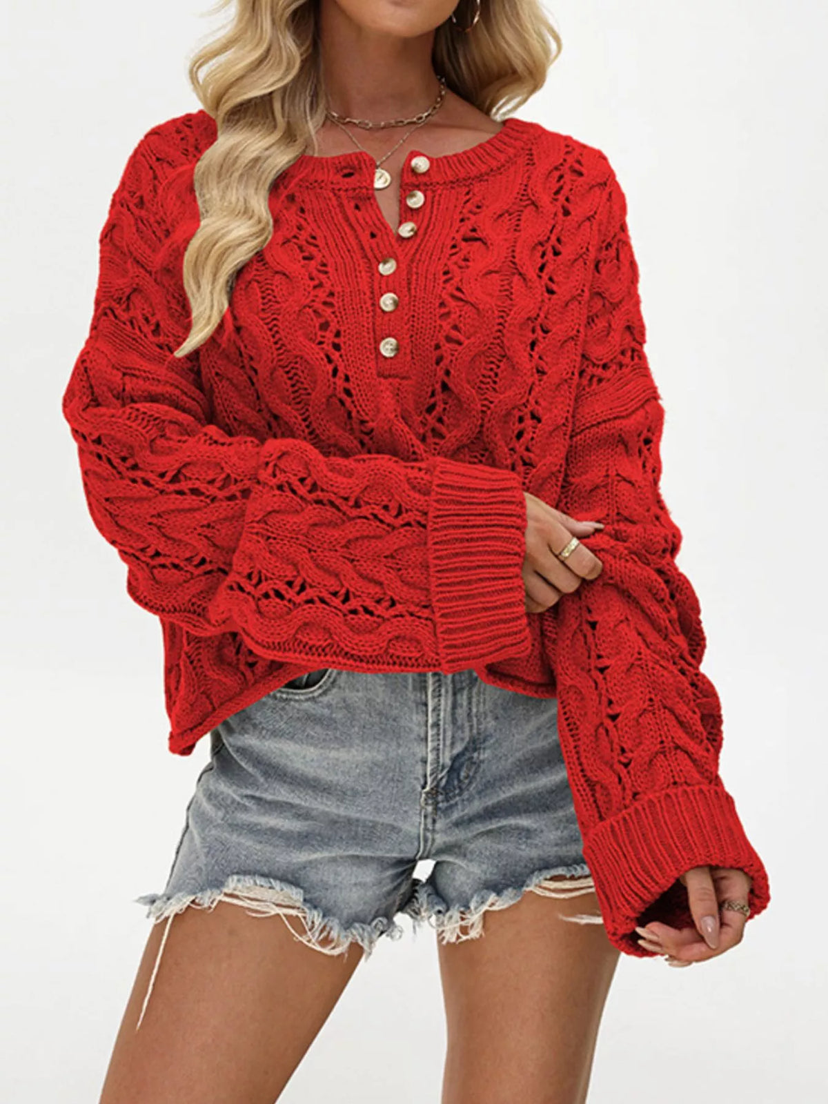 Cable Knit Half-Button Openwork Sweater