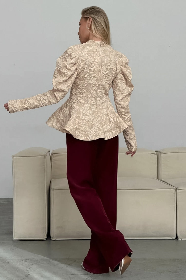 Textured Puff Sleeve Peplum Top