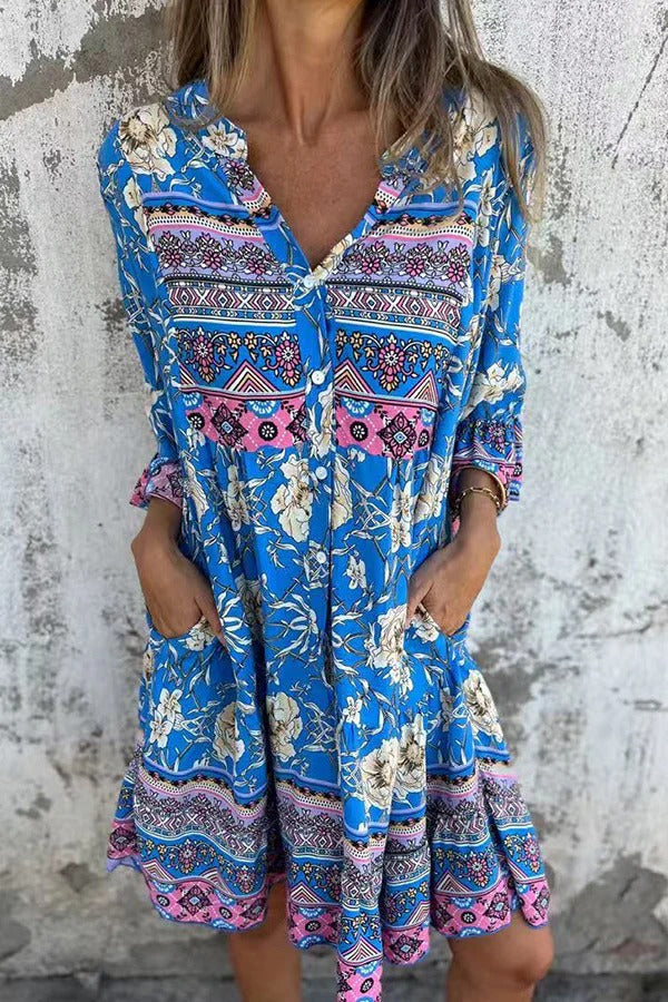 Ethnic Floral Print V-neck Loose Pocket Mini Dress - Fashionpara