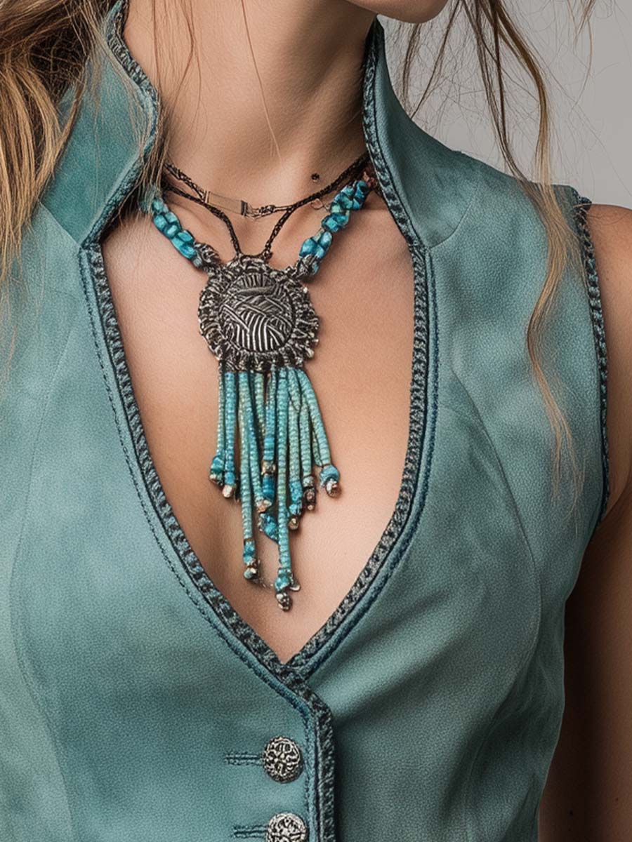 Mint Green Microsuede Bohemian Fitted Vest - Fashionpara