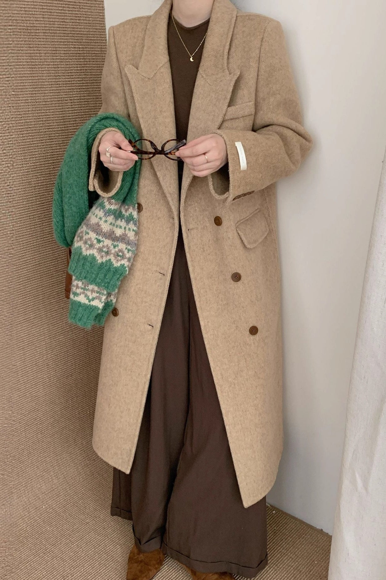 Double-Faced Wool Long Overcoat with Notched Lapel Design