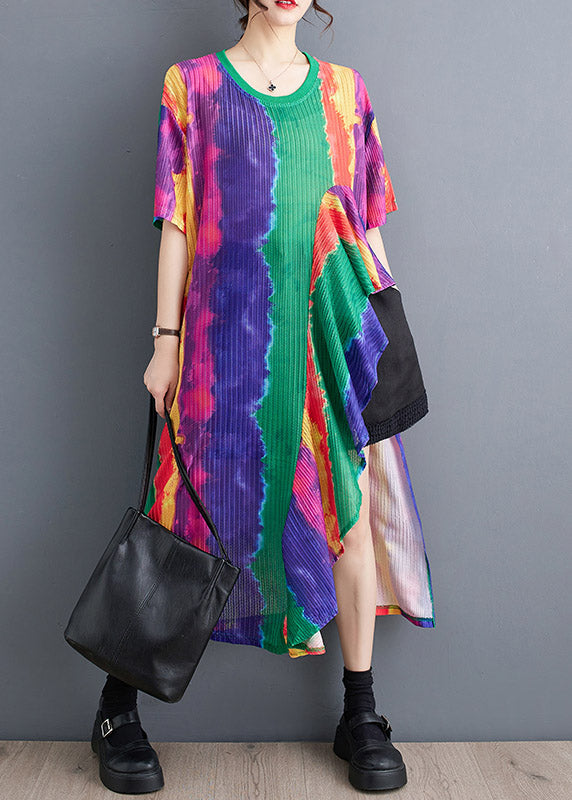Plissé Abstract Stripe Print Round Neck Short Sleeve Midi Dress