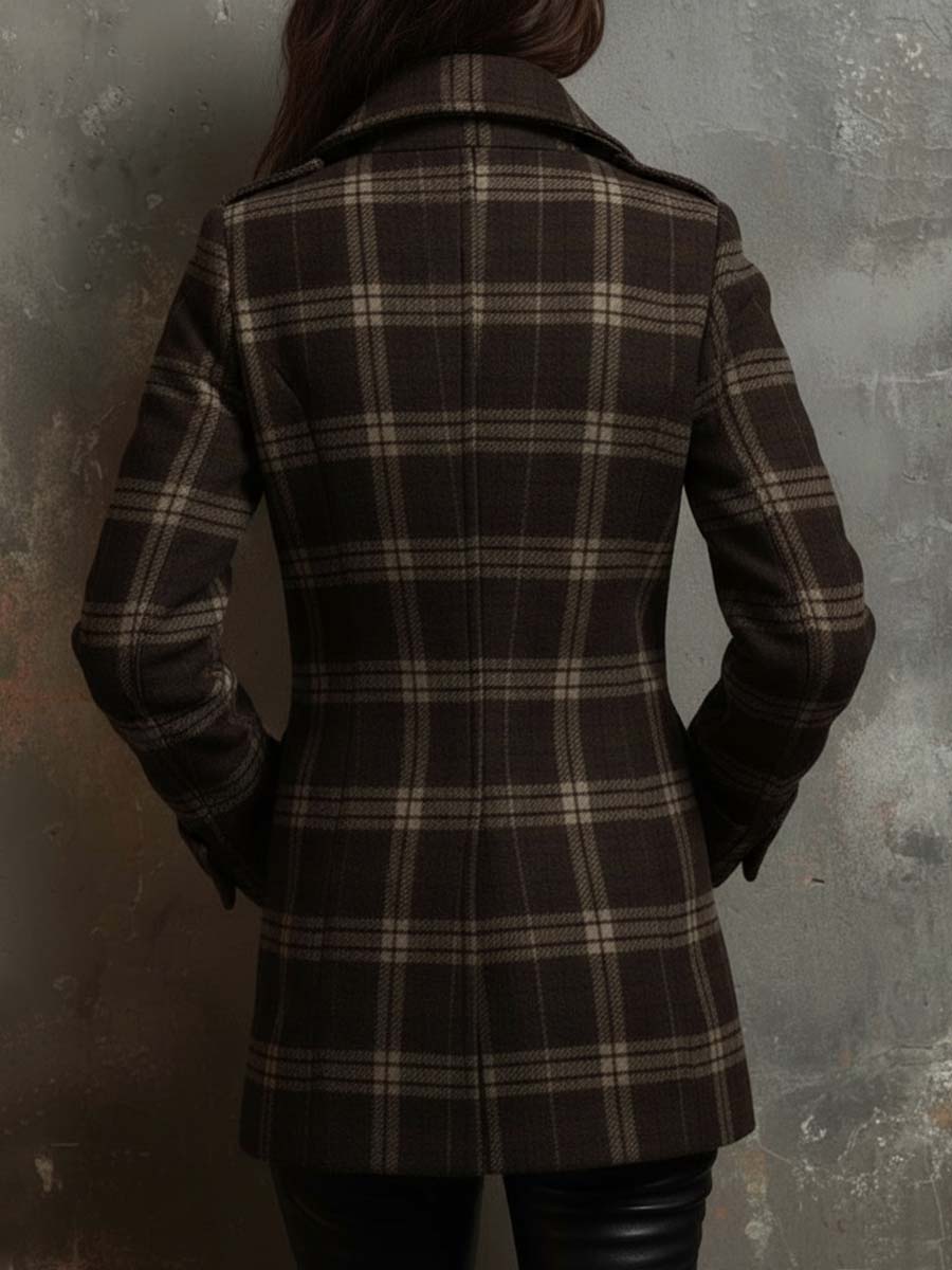 Plaid Wool-Blend Double-Breasted Short Coat