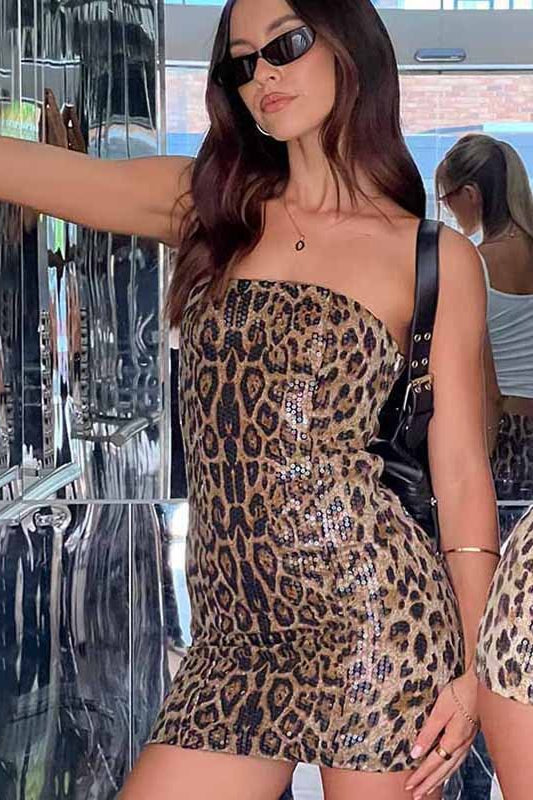 Leopard Sequin Strapless Bodycon Mini Dress