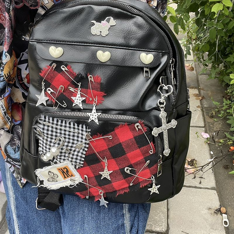Large Capacity Gothic Star Patch Y2K Vintage Harajuku PU Leather Bag - Fashionpara