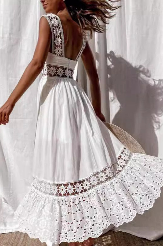 Lace Spliced Sleeveless Flared Maxi Chic Boho Dress