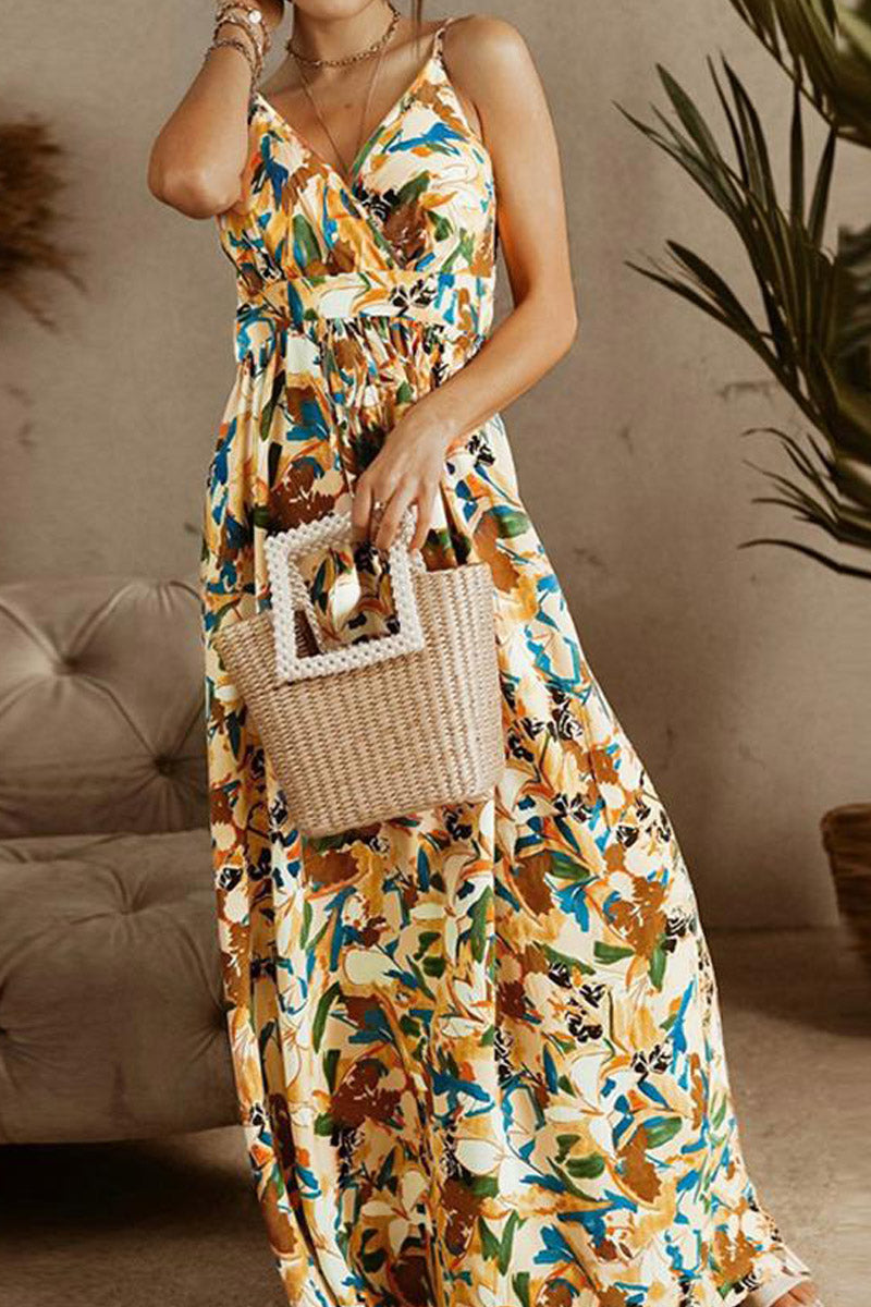 Tropical Leaf Print Spaghetti Strap V-Neck Maxi Dress