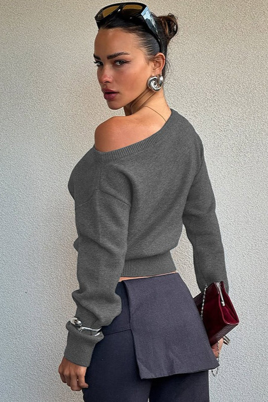 Minimalist Slim Asymmetrical Neck Long Sleeve Blouse