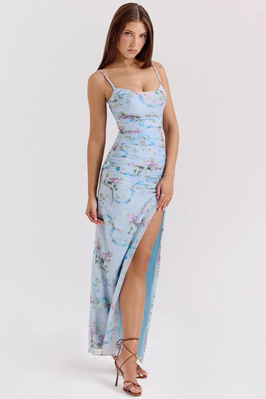 Floral Spaghetti Strap Ruched High Split Slip Maxi Dress - View 2