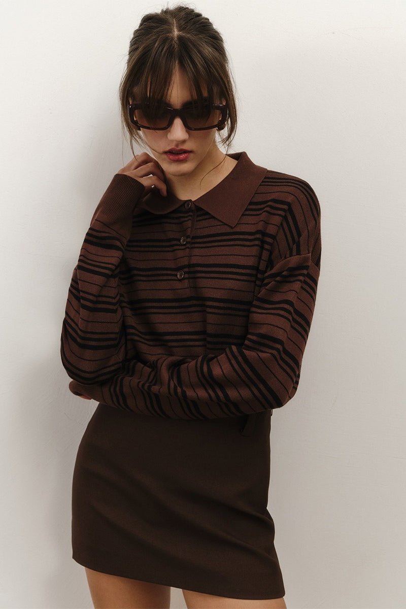 Color-block Stripe Fitted Polo Knit Blouse