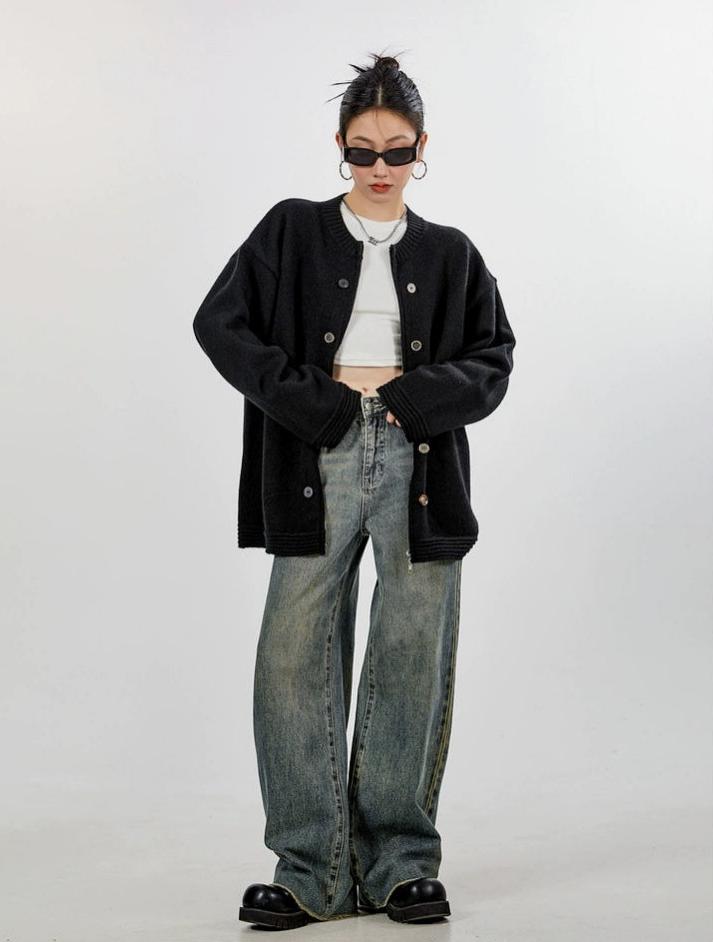 Ribbed Trim Oversized Button Zip Knit Cardigan