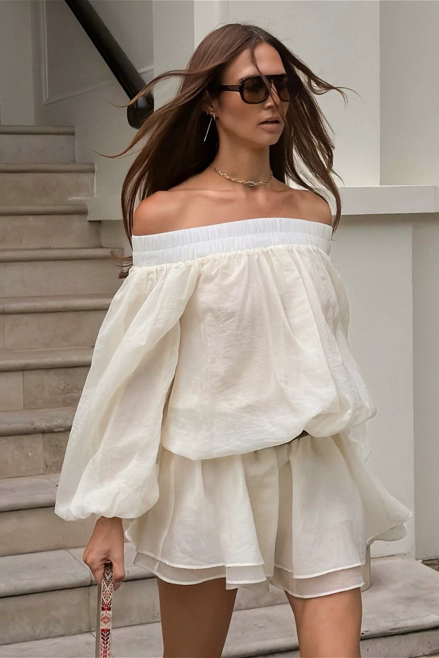 Organza Off Shoulder Balloon Sleeve Mini Dress