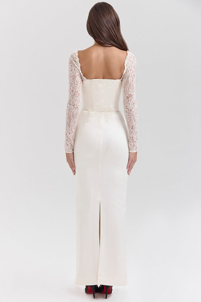 Satin Lace Long-Sleeve Sweetheart Corset Maxi Gown