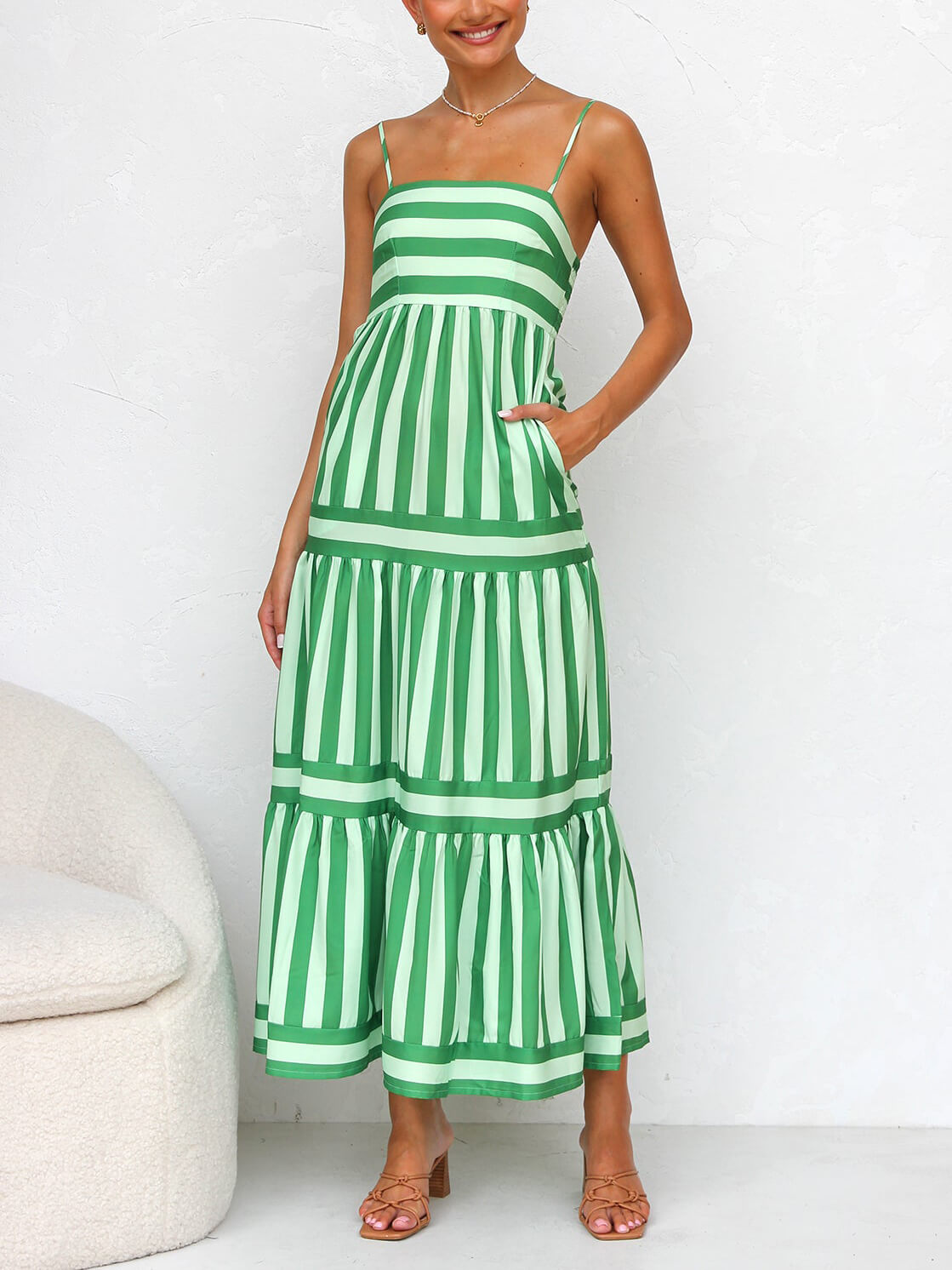 Suspender Open Back Striped Graceful Positioning Print