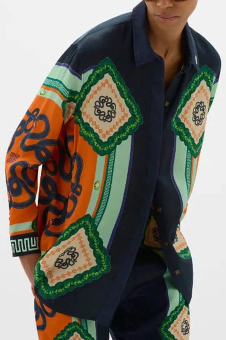 Vacation Times Satin Unique Print Long Sleeve Shirt And Elastic Waist Pocketed Wide Leg Pants - Fashionpara