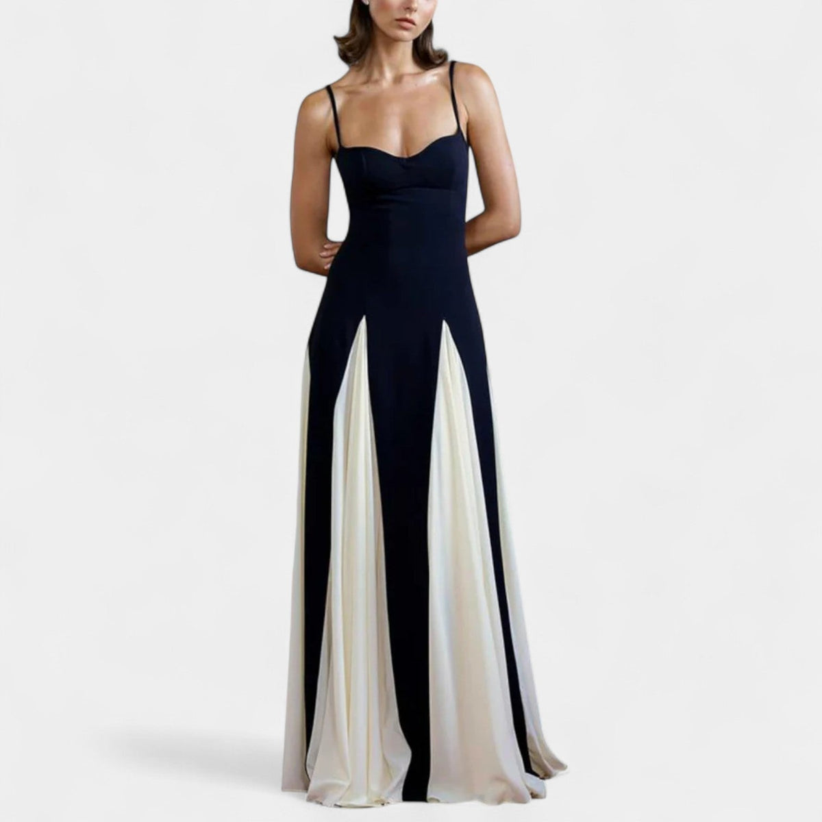 Sweetheart Spaghetti Strap Contrast Godet Maxi Gown