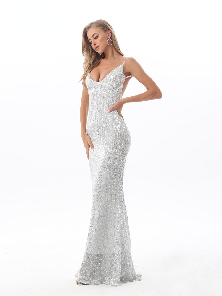 Sequined Deep V-Neck Spaghetti Strap Backless Mermaid Gown 4