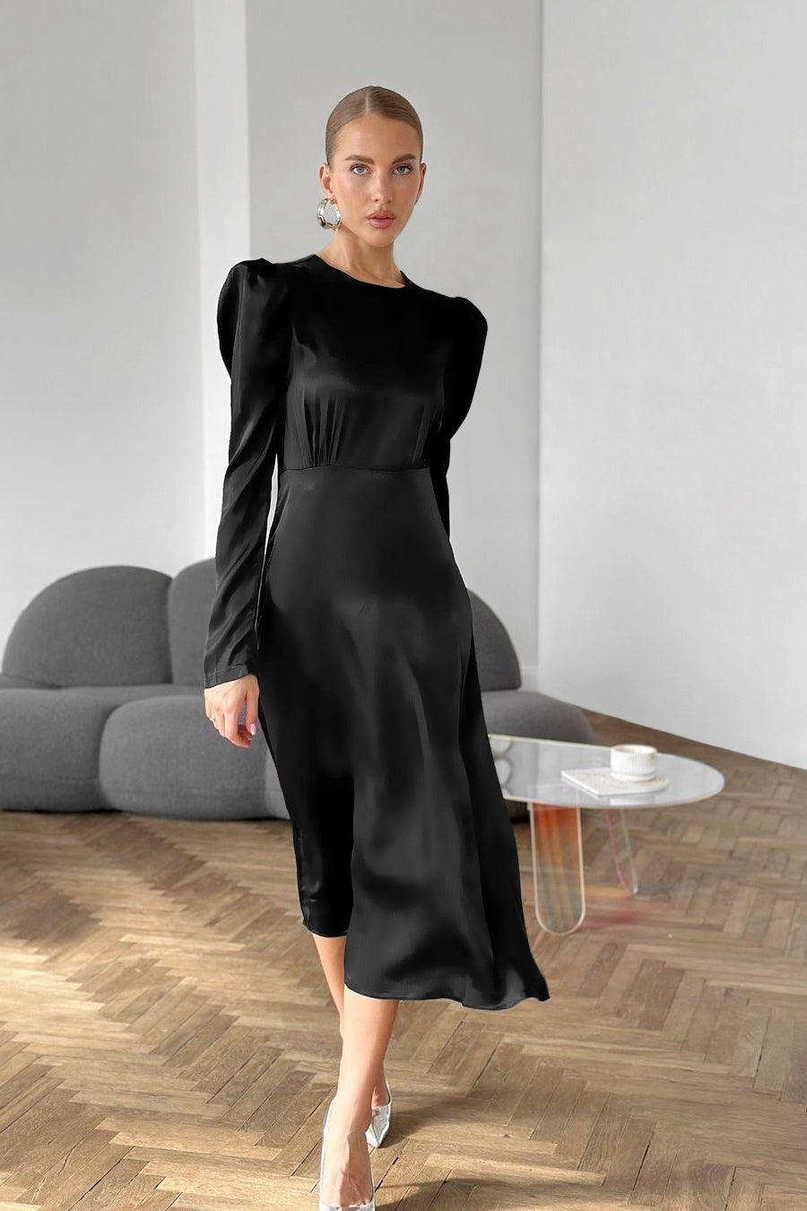 Satin Round Neck Long Sleeve Puff Shoulder Midi Dress