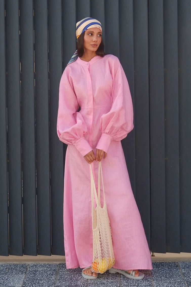 Puff Sleeve Cotton Linen Maxi Dress