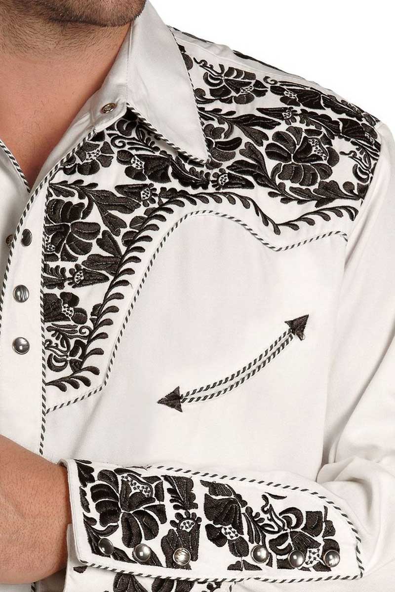 Mens Washed Embroidered Retro Long Sleeve Western Shirt