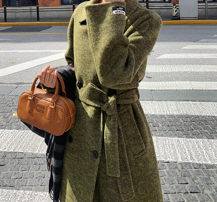 Green Wool Lapel Double-Breasted Overcoat
