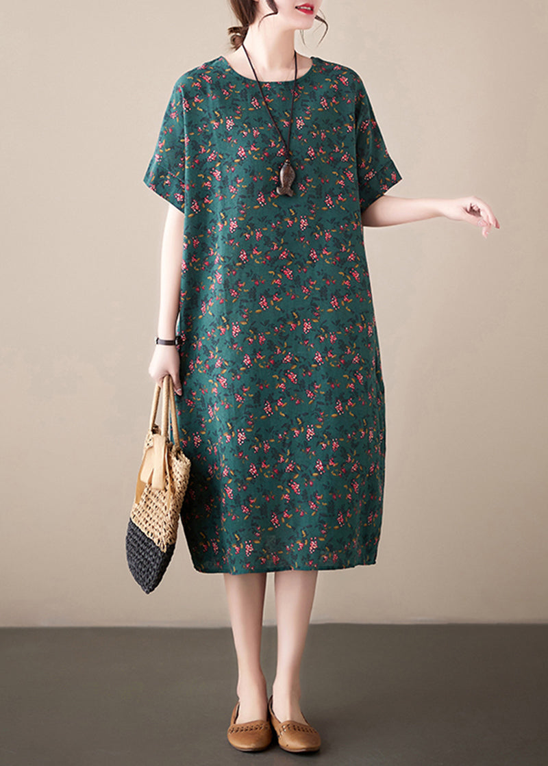 Ditsy Floral Print Crew Neck Short Sleeve Loose Shift Midi Dress