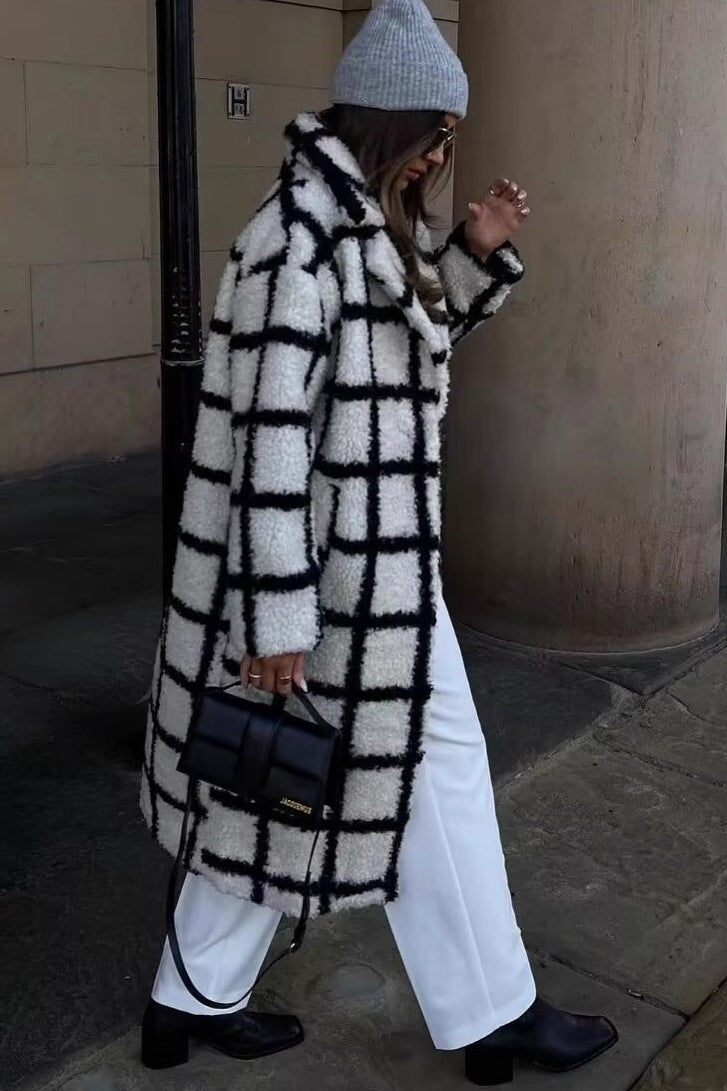 Plaid Faux Fur Long Coat - Fashionpara