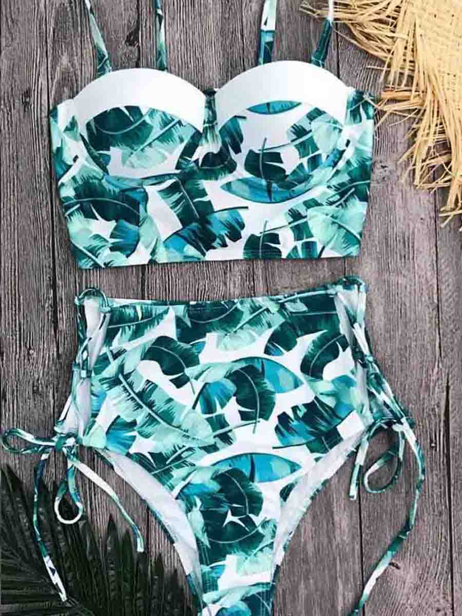 Floral Printed Green Two Pieces Swimsuit - Fashionpara