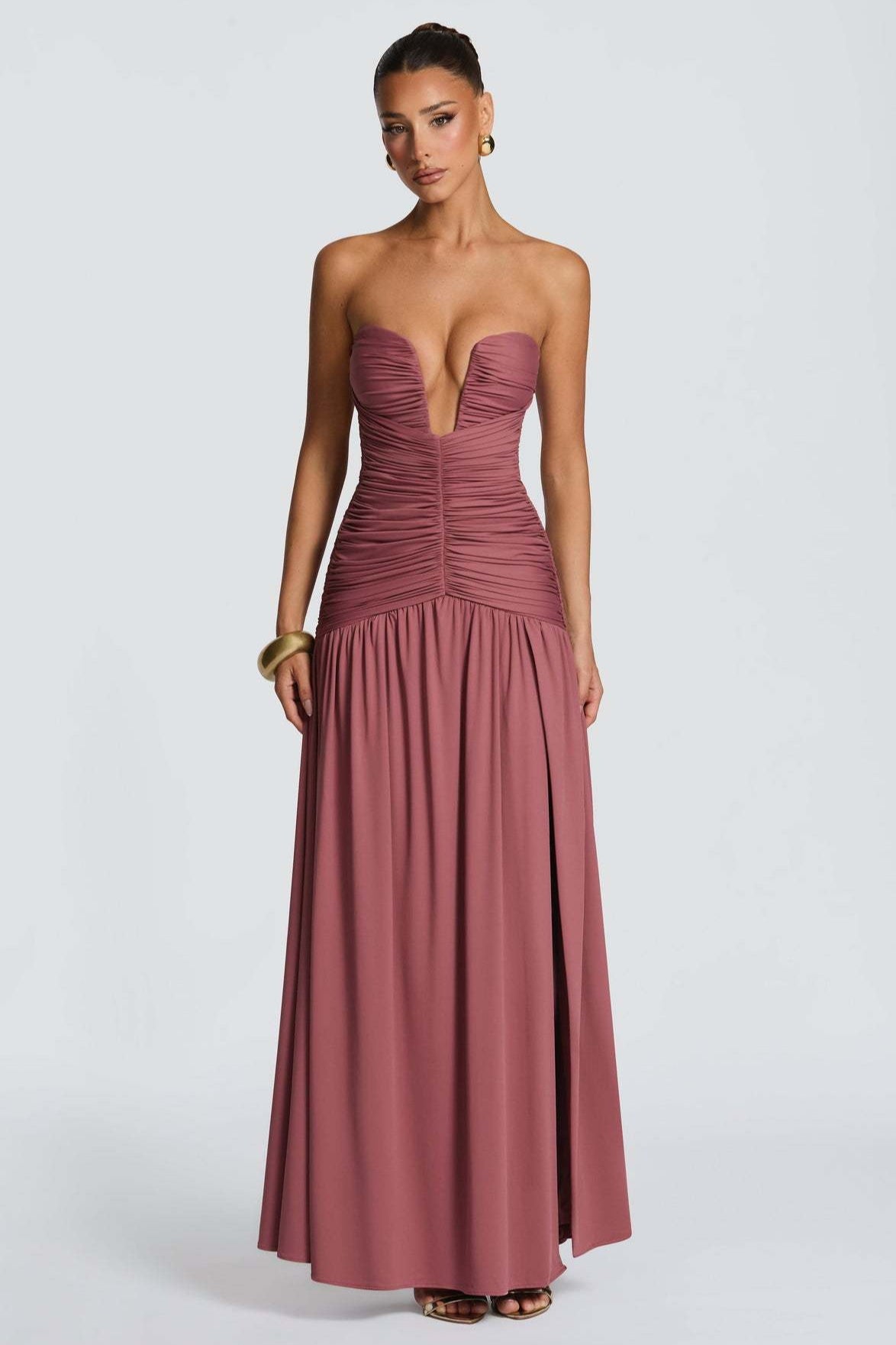 Solid Strapless High Slit Ruched Bodycon Party Dress