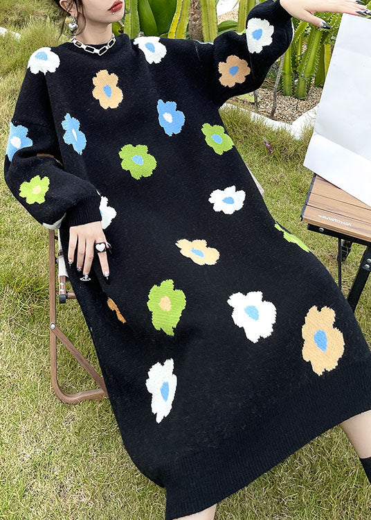 Knit Floral Print Oversized Crew Neck Long Sleeve Maxi Sweater Dress - View 2