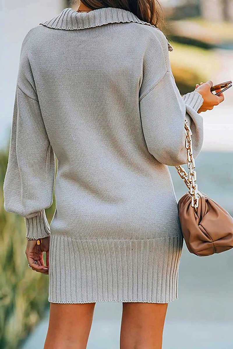 Solid Color Lapel Collar Rib Knitted Dress