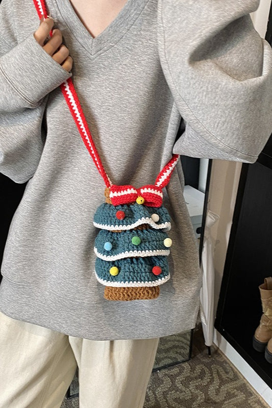 Cute Hand Knitted Yarn Tree Bauble Crossbody Bag