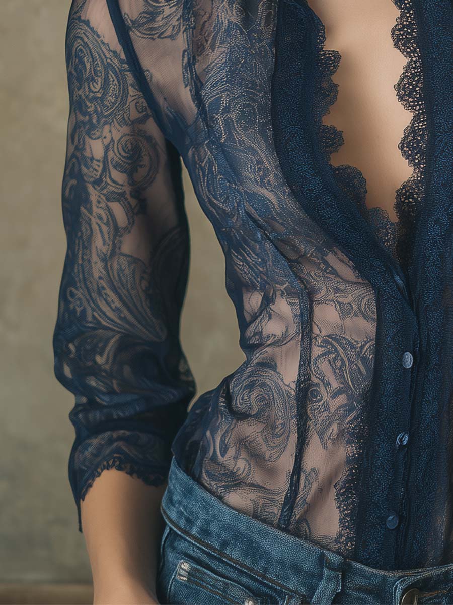 Limited Sale : Romantic Paisley Print Lace Trim Sheer Shirt - Fashionpara