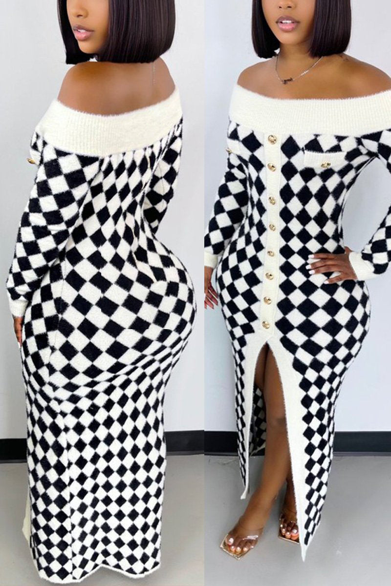 Plus Size Sexy Off Shoulder Split Joint Plaid Sweater Midi Dress Fashionpara