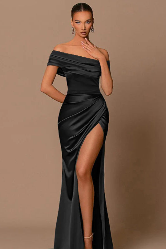 Silk Gloss Off-Shoulder Split Party Dress