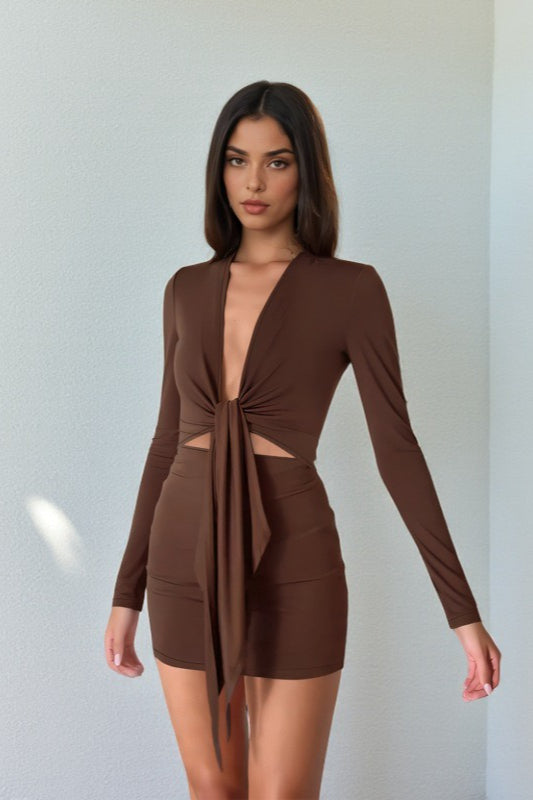 Deep V-Neck Long Sleeve Cut Out Bodycon Mini Dress 3