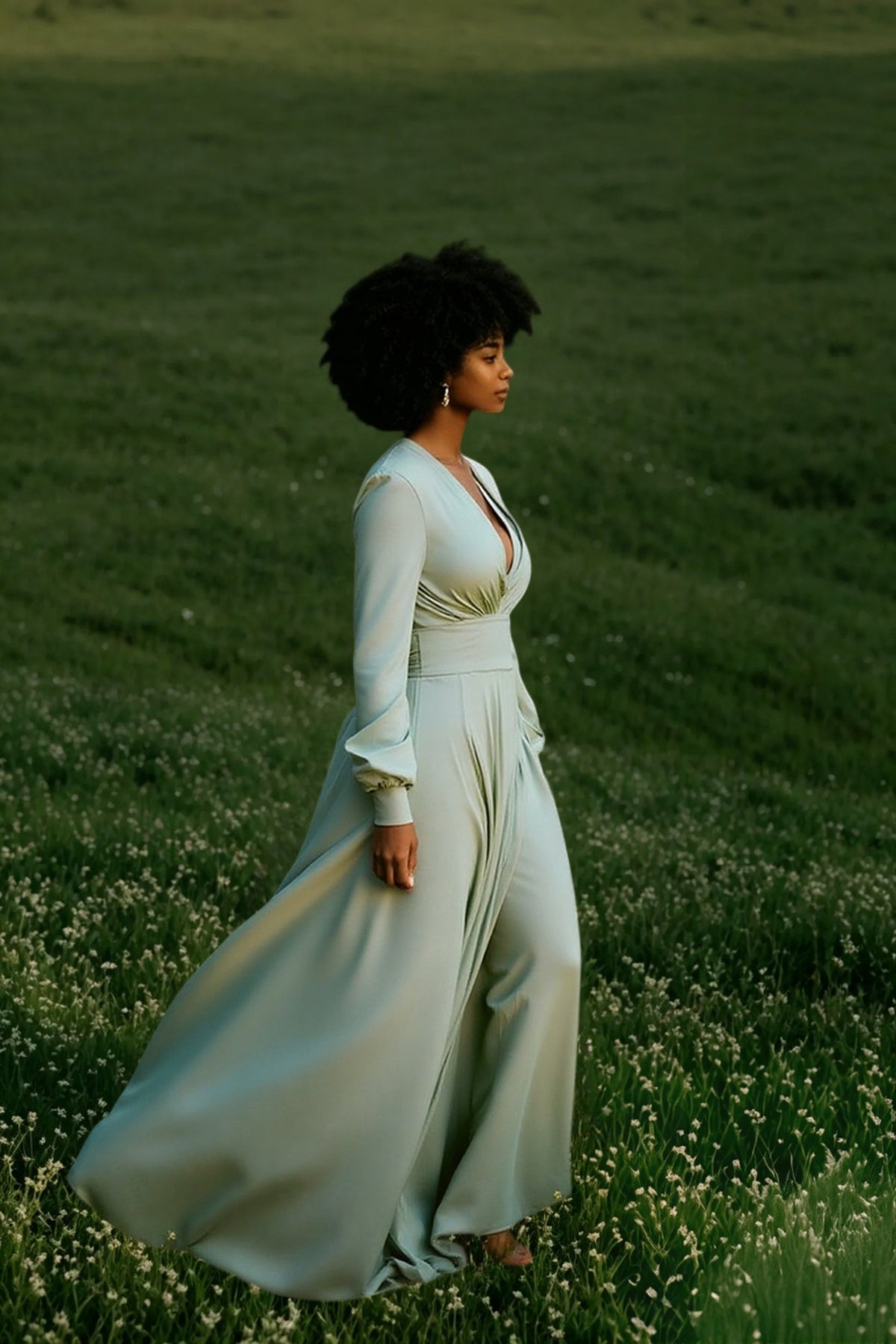 V-Neck Long-Sleeve Ruched High-Slit Maxi Dress