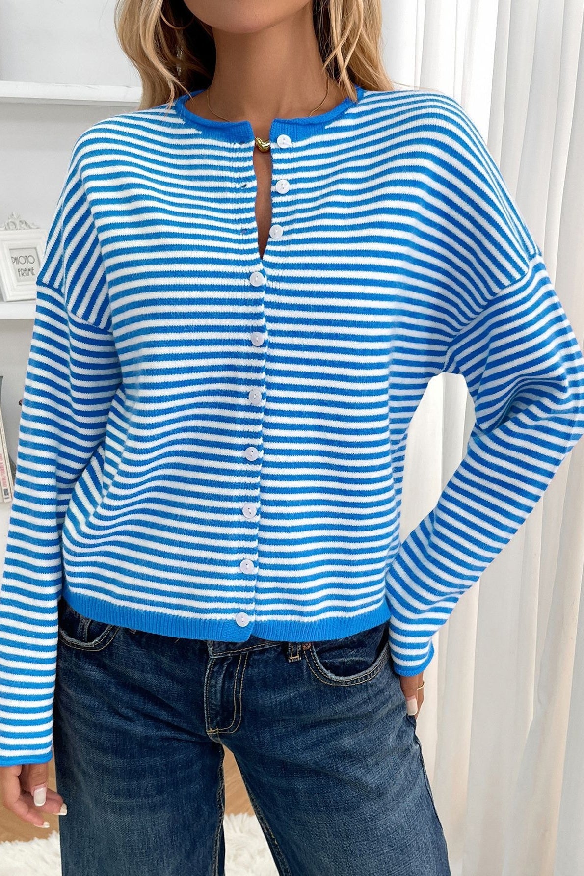 Striped Knit Round Neck Cardigan