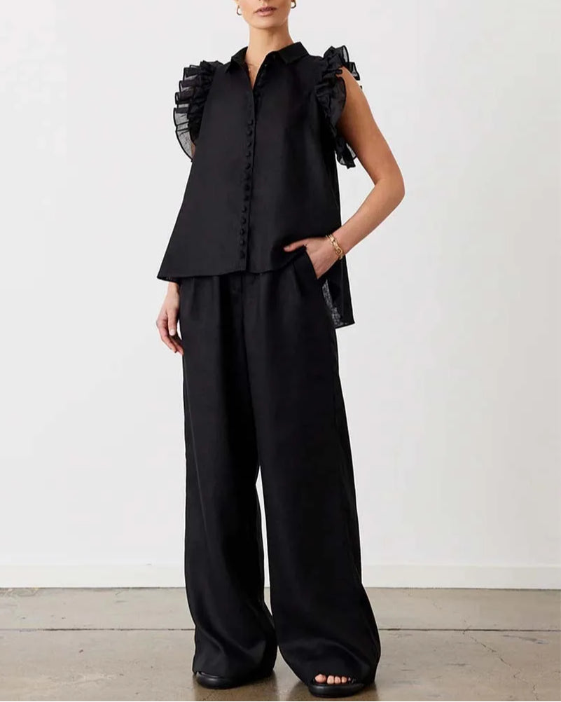 Black Cotton Ruffled Simple Trousers Office Two Piece Set
