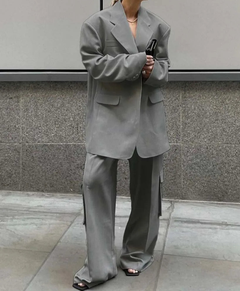 Grey Pocket Shirt Cargo Pants Office Two Piece Set