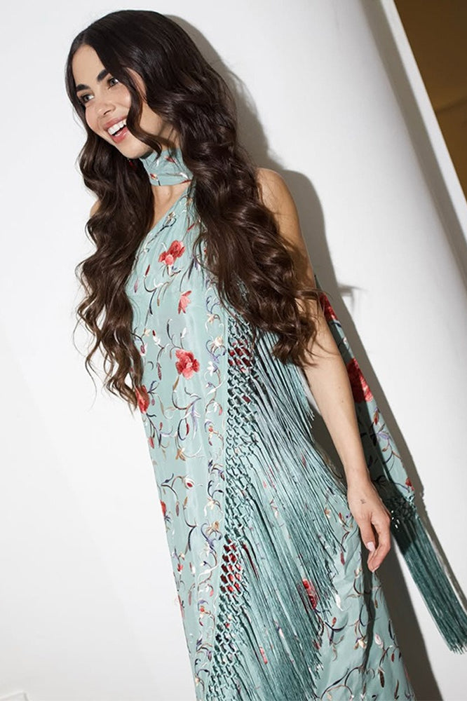 Floral Sequin Fringe High Neck Midi Dress 2