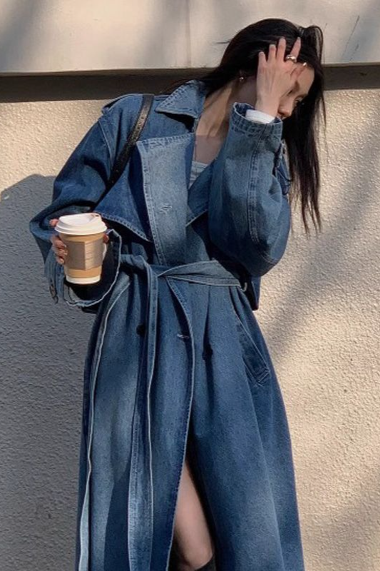 Washed Denim Relaxed Retro Long Overcoat - Fashionpara