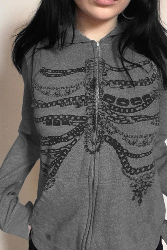 Street Style Skeleton Print Zipper Hoodie