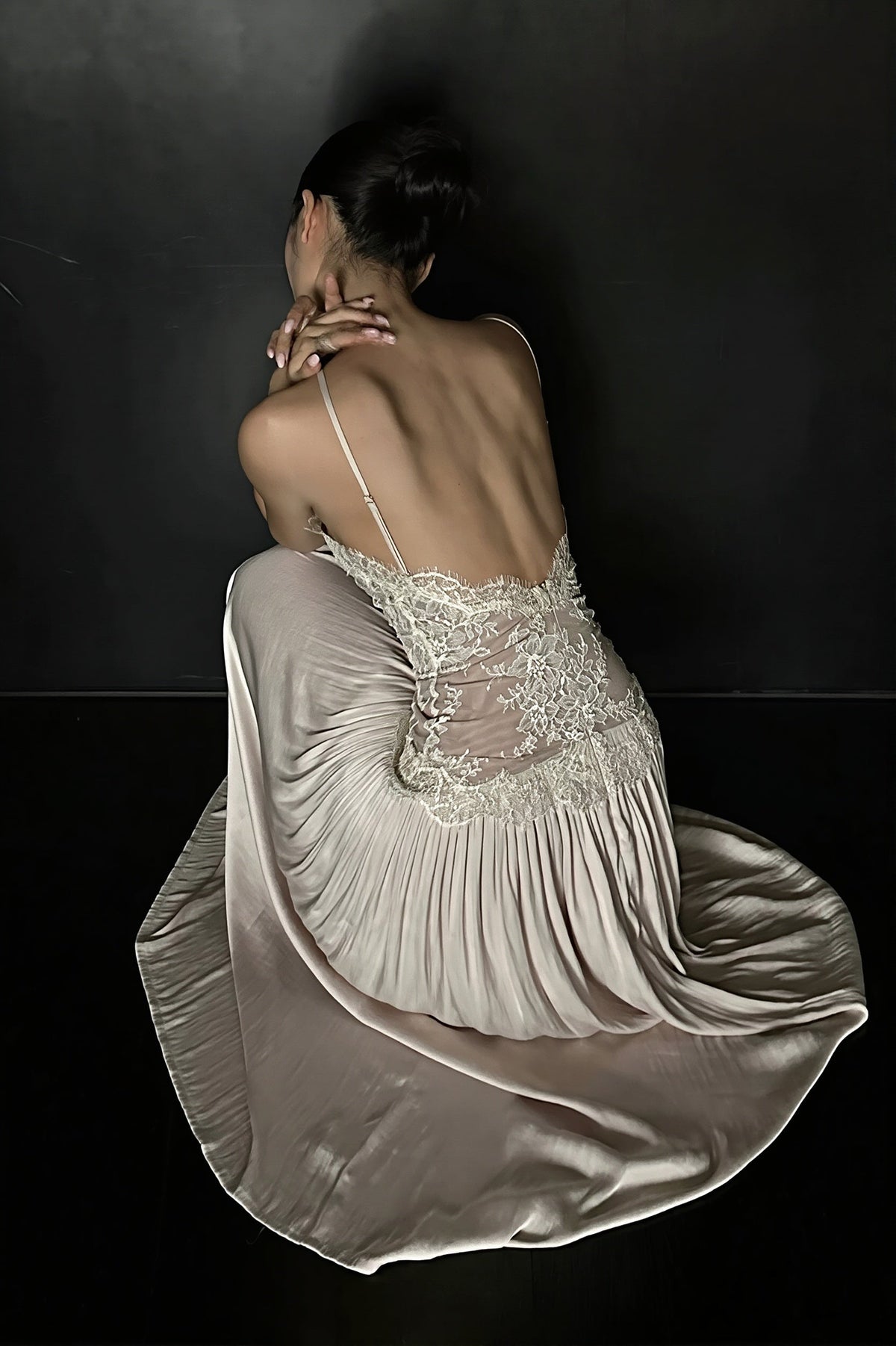 Lace Bodice Satin Halter Drop Waist Maxi Gown
