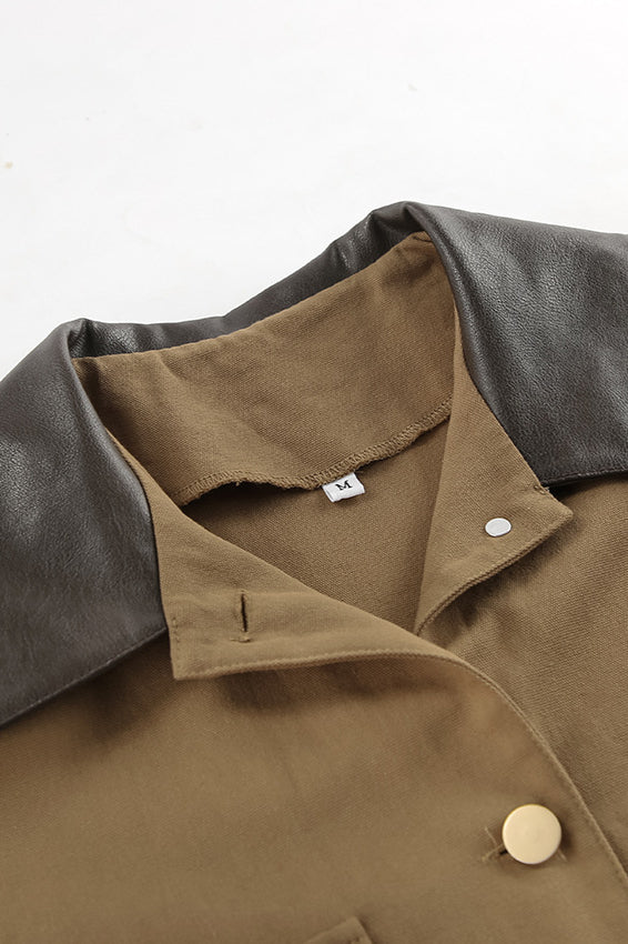 Elegant Brown PU Spliced Coat for Stylish Comfort and Durability