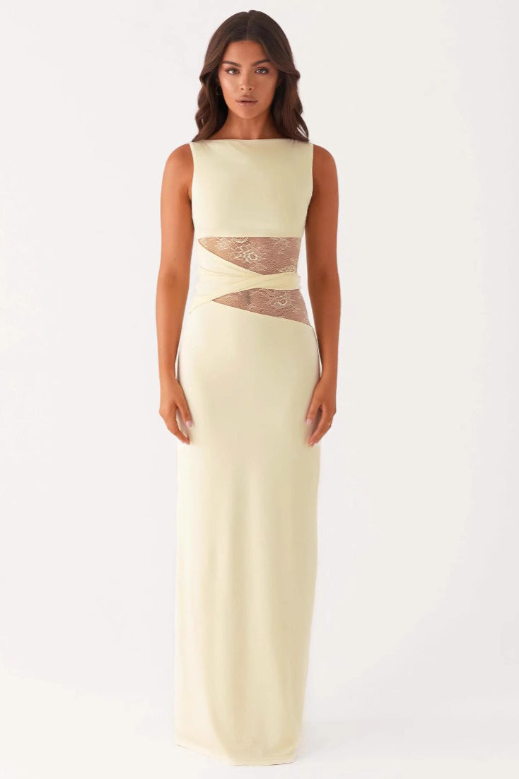 Boat Neck Sleeveless Lace Cutout Bodycon Maxi Dress